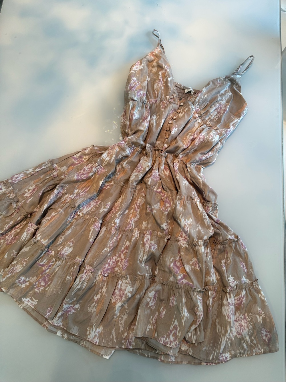 Storia Taupe Floral Spaghetti-Strap Tiered Dress#B12